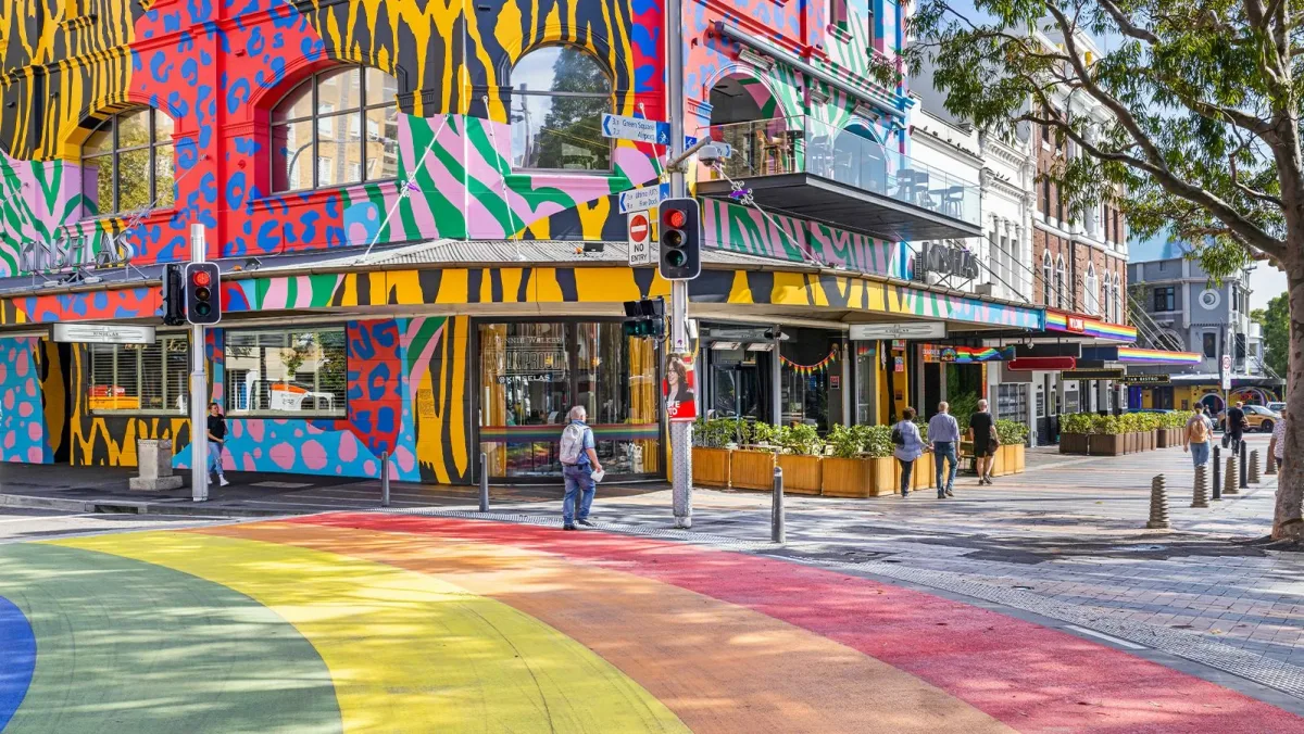Kinselas’ colourful Darlinghurst frontage beside the rainbow crossing
