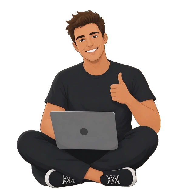 Illustrated portrait of Jake with his laptop, giving a thumbs up